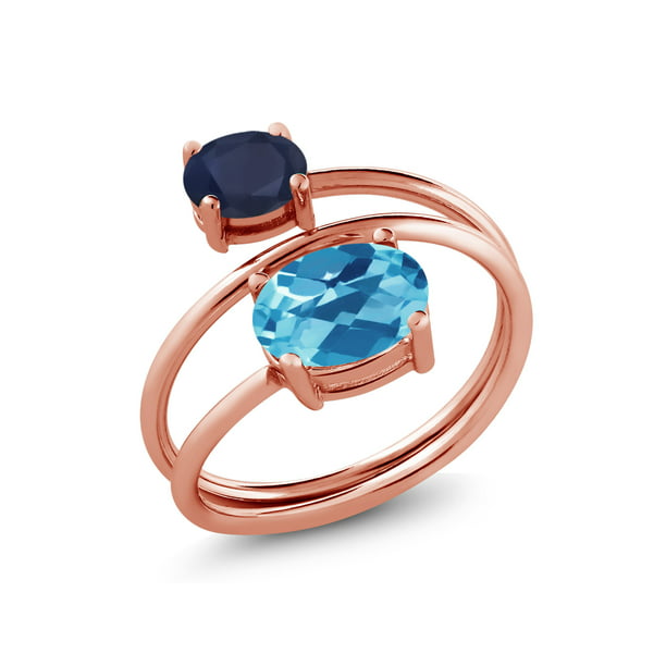 Gem Stone King 1.30 Ct Oval Checkerboard Swiss Blue Topaz 18K Rose Gold Plated Silver Mens Ring 